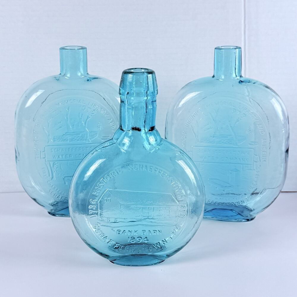 Vintage 1976 Bicentennial Glass Flasks Bottles Aqua Blue Schaefferstown PA Set 3